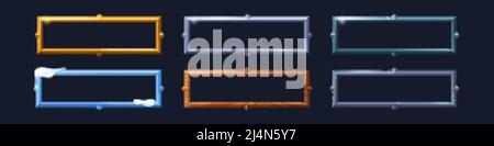 Rechteckige Rahmen mit Gold-, Silber-, Holz- und Eisstruktur für das Game ui Design. Vektorgrafik Zeichentrickserie leere Rahmen im mittelalterlichen Stil, golden, Stahl, Stock Vektor