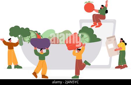Gesunde Ernährung Konzept mit Menschen tragen Gemüse zu Schüssel. Vektor flache Illustration von Männern und Frauen mit Bio-Produkten, große frische Tomaten, br Stock Vektor