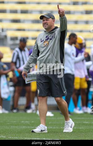 Baton Rouge, LA, USA. 16. April 2022. Matt House, Verteidigungskoordinator der LSU, coacht seine Linienspieler während der letzten Woche des Frühjahrstrainings im Tiger Stadium in Baton Rouge, LA. Jonathan Mailhes/CSM/Alamy Live News Stockfoto