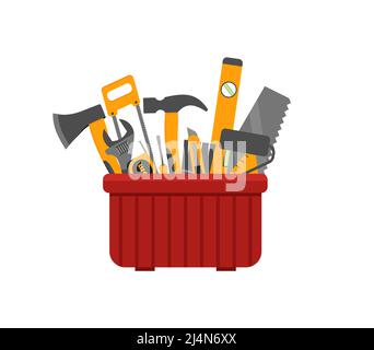 Reparatur- und Bauwerkzeuge Vektor-Konzept. Abbildung der Werkzeugkiste für Konstruktion, Schraubendreher und Schraubenschlüssel EPS 10 Stock Vektor