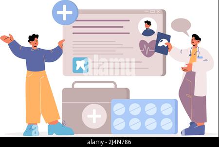 EHR-Technologie. Konzept für elektronische Patientenakte. Patienten- und Ärztecharakter bei Online-Untersuchung, Diskussion der Testergebnisse, Gesundheitsdienst Stock Vektor