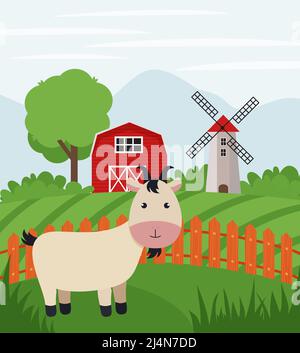 Bauernhof Ziege auf Ackerland. Ländliche Landschaft. Flache Vektordarstellung der Ranch auf der Landseite EPS 10 Stock Vektor