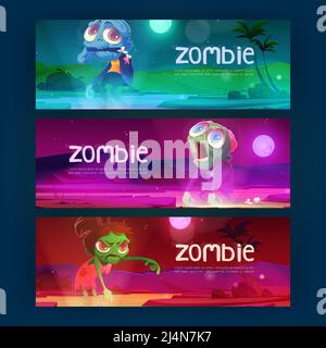 Cartoon-Banner mit lustigen Zombiefiguren, die nachts spazieren gehen. Halloween Party Einladungen mit lustigen männlichen und weiblichen toten Persönlichkeiten, niedlich und wütend Stock Vektor