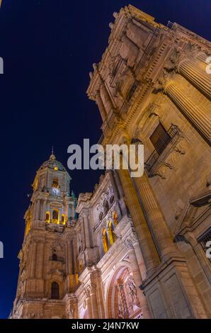 Nachtansicht der Kathedrale der Inkarnation in Malaga. Stockfoto