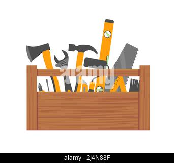 Reparatur- und Bauwerkzeuge Vektor-Konzept. Abbildung der Werkzeugkiste für Konstruktion, Schraubendreher und Schraubenschlüssel EPS 10 Stock Vektor