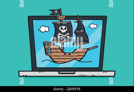 Laptop mit segelndem Piratenschiff auf dem Bildschirm Stock Vektor