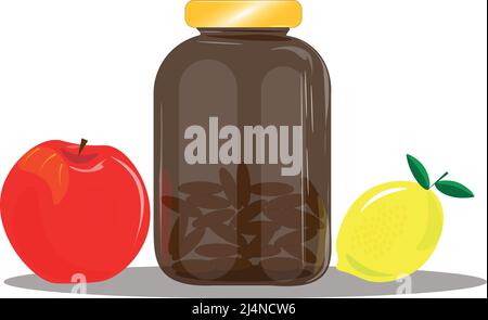 Ein Glas mit natürlichen Vitaminen und Früchten. Vitamine sind wichtig für unsere Gesundheit. Essen Sie Früchte und nehmen Sie Vitamine, Eisen, Vitamin D, B2, B6, B12, Vitamin C, Stock Vektor