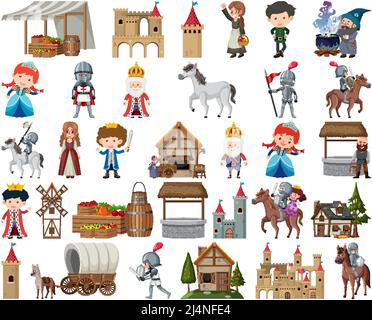 Mittelalterliche Figuren Gebäude Set Illustration Stock Vektor