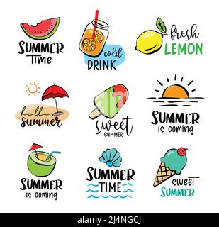 Handgezeichnete Schilder und Banner-Elemente reisen. Hallo Sommer Symbole und Objekte. Stock Vektor