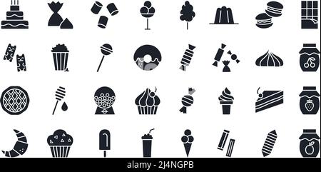 Backwaren, Schokolade, Süßigkeiten, Süßigkeiten Icon-Set. Isolierte Vektorsilhouetten für Süßwaren Stock Vektor
