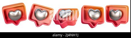3D Like Icon Set isolierter weißer Hintergrund. Verwendung in sozialen Medien, Web-Icons usw. 3D Render. Stockfoto