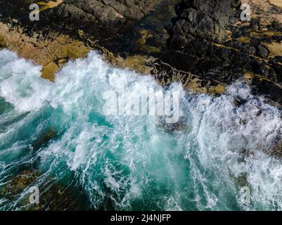 Luftaufnahme der Champagne Pools an der Ostküste von Fraser Island. Queensland, Australien Stockfoto