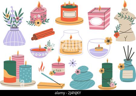 Wachskerzen, aromatische Duftkerzen, Aromatherapie-Elemente für Zuhause. Vektorgrafik Stock Vektor