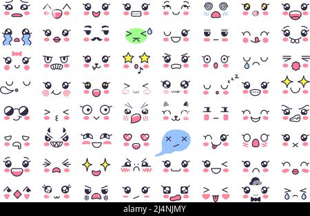 Kawaii-Gesichter. Niedliche Augen, ausdrucksstarkes Emotionsgesicht und japanischer Mimik-Vektor-Set Stock Vektor