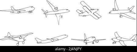 Ein Linienflugzeug. Reisen Luftfahrt, Privatflugzeug und Fluggesellschaften lineare Skizze Vektor Illustration Set Stock Vektor