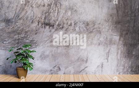 Wanddesign im Loft-Stil mit Monstera-Baum im Topf mit Kopierfläche, 3D Abbildungen Stockfoto