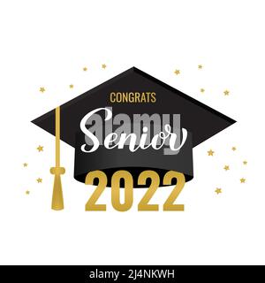 Schriftzug „Senior 2022“ mit isolierter Graduierungskappe auf Weiß. Herzlichen Glückwunsch an Absolventen Typografie Poster. Vektor-Vorlage für Grußkarte, banne Stock Vektor