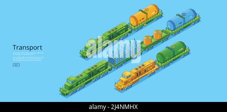 Transportbanner mit Güterzügen mit Lokomotive, Panzern und Bahnsteigen. Vektor-Plakat des Güterbahnverkehrs mit isometrischer Illustration o Stock Vektor