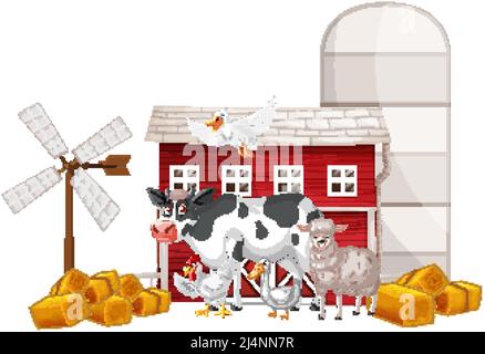 Viele Nutztiere und rote Scheune Illustration Stock Vektor