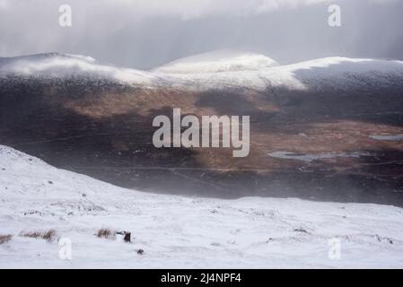 Wunderschöne Winterlandschaft von der Bergspitze in den schottischen Highlands hinunter in Richtung Rannoch Moor während Schneesturm und Spindrift von der Bergspitze hinein Stockfoto