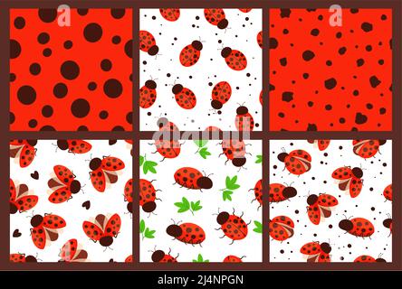 Marienkäfer-Muster. Rote Punkte Textur, Gartenwanzen und nahtlose Marienkäfer Illustration Vektor-Set Stock Vektor