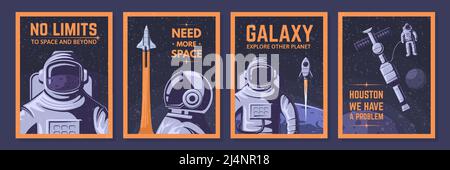 Astronaut-Poster. Space Explorer, Kosmos Abenteuer und Open Space Vektor Illustration Set Stock Vektor