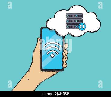 Vektordarstellung einer Hand, die ein Telefon mit einer Verbindung zu einem Cloud-Server hält. Skizzendarstellung. Stock Vektor