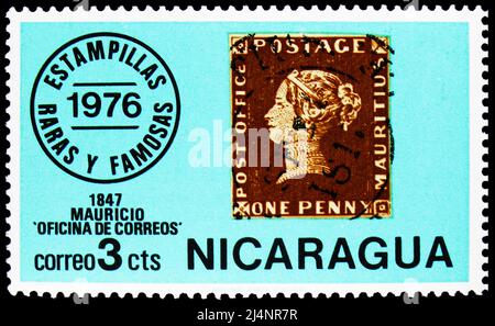 MOSKAU, RUSSLAND - 27. MÄRZ 2022: Briefmarke gedruckt in Nicaragua zeigt 1847 - Mauritius Post Office, Philatelie Serie, um 1976 Stockfoto