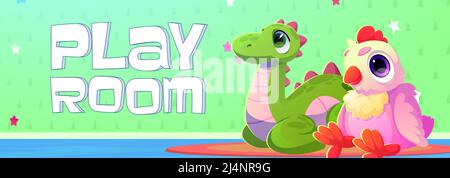 Spielen Zimmer Cartoon Banner mit niedlichen Kinder Plüsch Spielzeug Dinosaurier und Huhn auf Tapete Hintergrund. Einladungsflyer zum Kinderbereich, Kindergarten, Baby nu Stock Vektor