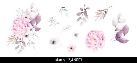 Set von rosa Blumenstrauß Aquarell-Elemente auf weißem Hintergrund isoliert. Botanische Illustration Sammlung von Blumen, Blättern und Zweigen. Stock Vektor