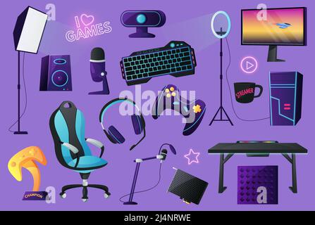 Optimieren Sie die Raumressourcen. Gaming-Tastatur, -Stuhl und -Kopfhörer. Gamer-Artikel Cartoon-Vektor-Set Stock Vektor