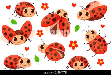 Cartoon Marienkäfer. Niedliche Marienkäfer, rote Gartenkäfer und Insektenvektor-Set für Damen Stock Vektor