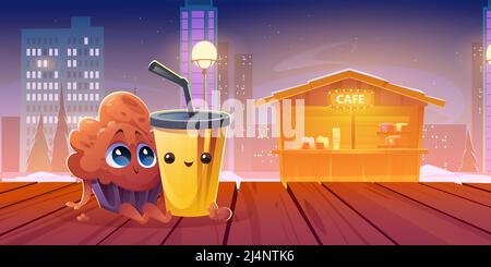 Happy Cupcake und Kunststoff-Tasse Freunde Cartoon-Figuren in der Nacht Straße Hintergrund mit Café-Stand. Süßes Muffin und Kaffee- oder Teetrink mit Strohsi Stock Vektor