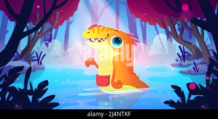 Niedliches orangefarbenes Monster im Waldsee. Vektor Cartoon Fantasy Illustration von Wäldern Landschaft mit Sumpf und magische Kreatur, fantastische Alien Tier mit Stock Vektor