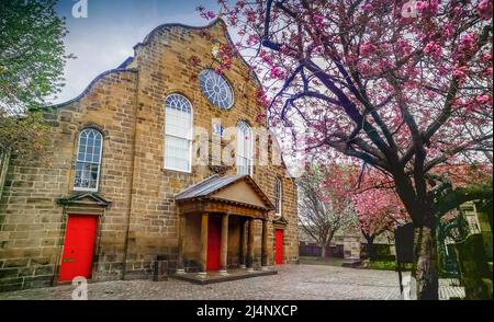 Canongate Kirk, Canongate, Royal Mile, Edinburgh, Großbritannien. 16. April 2022. VEREINIGTES KÖNIGREICH. Wetter. Eine blühende rosa Kirschblüte am Eingang des Canongate Kiek auf der EdinburghÕs Royal Mile. Der Kirk of the Canongate, oder Canongate Kirk, dient der Pfarrei Canongate in der Altstadt von Edinburgh in Schottland. Es ist eine Gemeinde der Church of Scotland. Die Gemeinde umfasst den Palast von Holyroodhouse und das schottische Parlament. Quelle: phil wilkinson/Alamy Live News Stockfoto