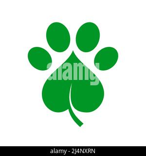 Paw Leaf-Symbol. Grünes herzförmiges Blatt mit Tierabdruck. Umweltfreundliche Tierprodukte. Logo-Vorlage für die Tierpflege. Liebe zur Natur. Vektor, flach. Stock Vektor