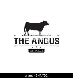 Retro Vintage Cow Label Logo Design, Angus mit klassischem und elegantem Stil Stock Vektor