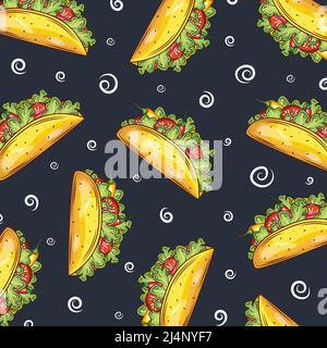 Cute Cartoon Kontrast Vektor mexikanischen Tacos Hintergrund. Schönes helles Fastfood-Muster für Textil-, Café- und Restaurantpapier, Deckblätter, Banner Stock Vektor