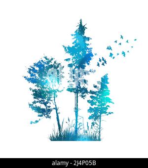 Blaue Bäume mit Vögeln. Vektorgrafik Stock Vektor