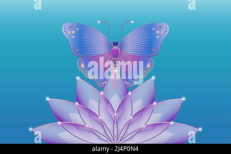 „Heilige Lotusblume“ und „mystischer Schmetterling“-Schriftzug mit farbenfroher Schmetterling-Blumenvorlage. Vektor-Design für Mode, Poster und Karte Stock Vektor