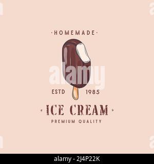 Designvorlage für Vintage-Eiscreme-Logo. Elemente des Vektorlogotyps, Symbole, Symbole, Retro-Labels, Abzeichen und Silhouetten. Vektorgrafik Stock Vektor