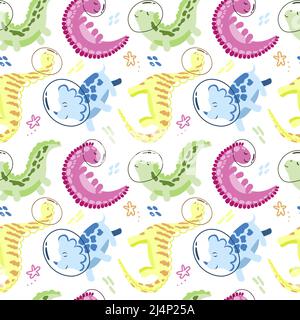 Nahtlose Zeichnung von niedlichen Dinosaurier-Astronauten auf weißem Hintergrund. Vektor im Cartoon-Stil. Dinosaurier-Astronaut mit Planeten, Kometen und Sternen. C Stock Vektor