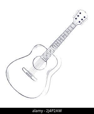 Vektor handgezeichnetes Doodle der klassischen Gitarre. Saitenzupfen Musikinstrument. Blues- oder Rock-Ausrüstung. Zeichentrickskizze. Isoliert auf weißem Hintergrund Stock Vektor