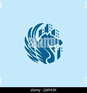 Pegasus Logo Design Inspiration - Premium und exklusive Stadt oder Immobilien - isolierte Vektor Illustration auf blauem Hintergrund - Kreatives Logo, Icon, s Stock Vektor