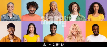 Porträtset von glücklichen Menschen verschiedener Altersgruppen und Nationalitäten Stockfoto