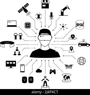 Mann trägt Virtual Reality Headset im Zentrum von VR-Ikonen, zukünftige Technologie-Konzept. Stock Vektor