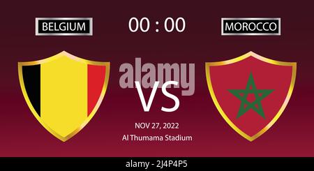 FIFA Fußball-Weltmeisterschaft Katar 2022. Gruppenphase-Matches. Belgien gegen Marokko. Spiel 26. Vektorgrafik EPS 10 Stock Vektor