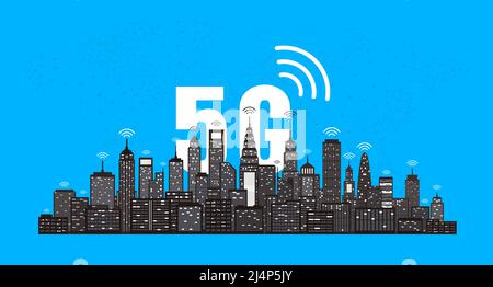 5G Wireless-Netzwerk und Smart City-Konzept. High-Speed-Verbindung, Vektor-Flat-Design. Stock Vektor