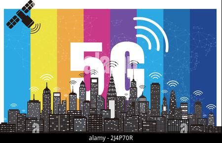 5G Wireless-Netzwerk und Smart City-Konzept. High-Speed-Verbindung, Vektor-Flat-Design. Stock Vektor