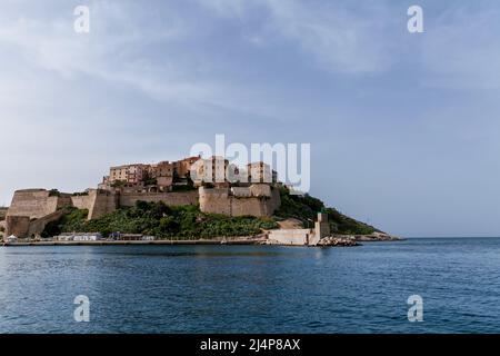 Blick vom Meer auf die Festung mit einem Turm und einem Leuchtturm der Stadt Portoferraio auf der Insel Elba in der italienischen Region der Toskana Stockfoto